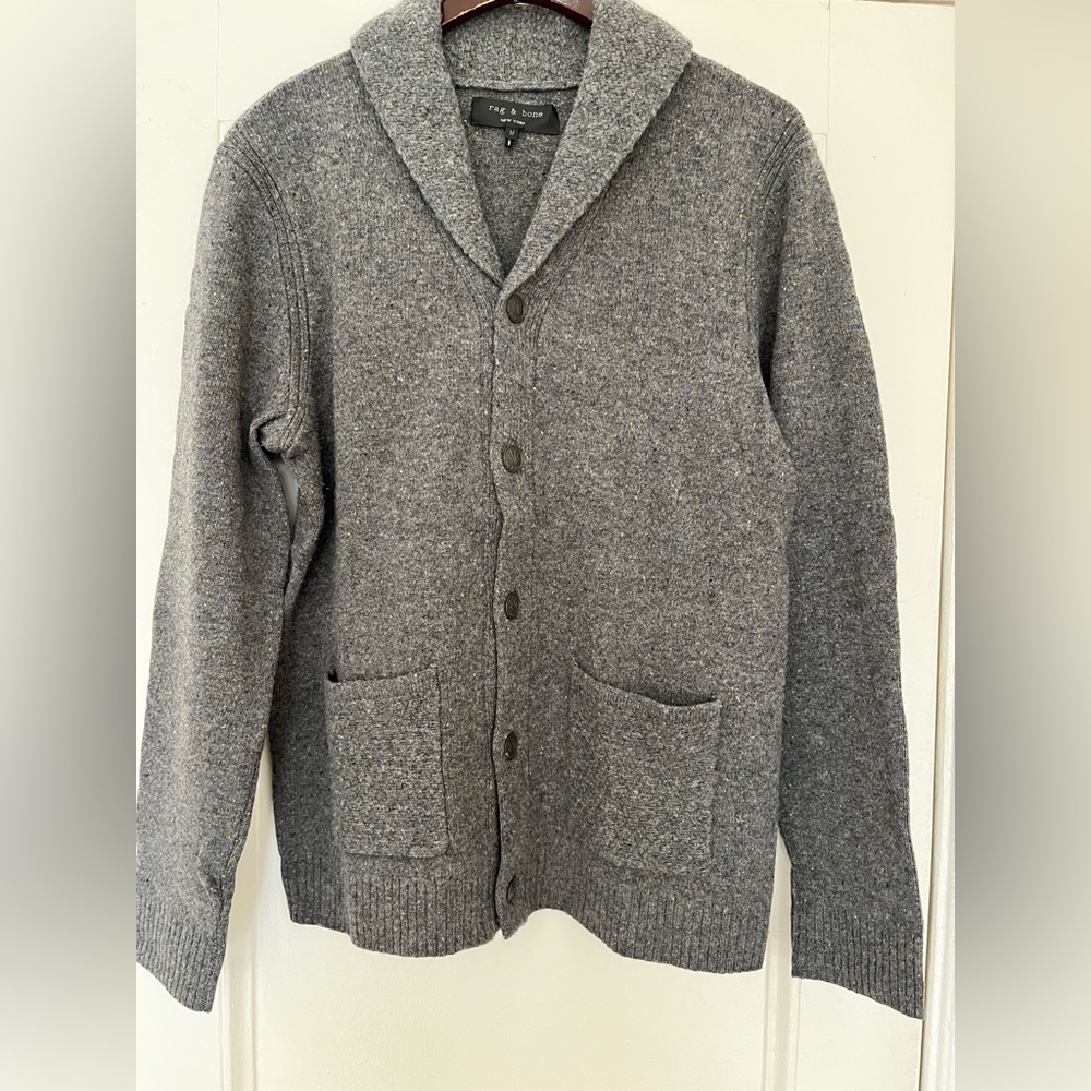 Men’s Rag & Bone wool tweed shawl collar cardigan with pickets